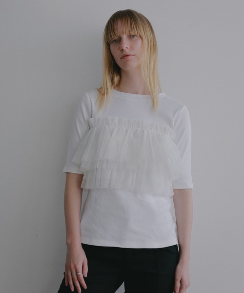 MANOF（マノフ）の「TULLE FRILL CUT TOPS（Tシャツ/カットソー・レディース・ライトブルー/ブラック/ホワイト・F）」の14枚目の写真