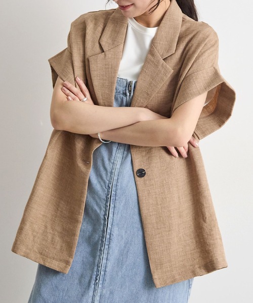 Futier land(フューティアランド)の「軽やかにきちんと見え。リネンブレンド半袖ジャケット / サマージャケット(テーラードジャケット・レディース・チャコールグレー/ベージュ/ライトベージュ・FREE)」の1枚目の写真