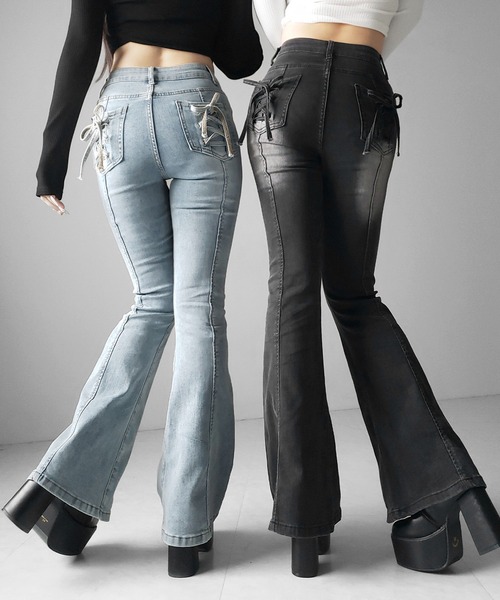 me+em select(ミームセレクト)の「【 2color / 4size 】バックリボンレースアップ美脚ストレッチフレアデニム / back ribbon lace up slim leg stretch flare denim(デニムパンツ・レディース・ブラック/ブルー・SMALL/MEDIUM/LARGE/X-SMALL)」の2枚目の写真