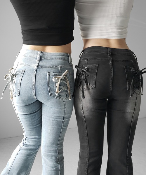 me+em select(ミームセレクト)の「【 2color / 4size 】バックリボンレースアップ美脚ストレッチフレアデニム / back ribbon lace up slim leg stretch flare denim(デニムパンツ・レディース・ブラック/ブルー・SMALL/MEDIUM/LARGE/X-SMALL)」の20枚目の写真
