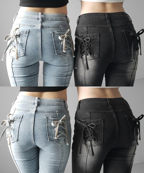 me+em select(ミームセレクト)の「【 2color / 4size 】バックリボンレースアップ美脚ストレッチフレアデニム / back ribbon lace up slim leg stretch flare denim(デニムパンツ・レディース・ブラック/ブルー・SMALL/MEDIUM/LARGE/X-SMALL)」の3枚目の写真