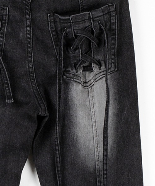 me+em select(ミームセレクト)の「【 2color / 4size 】バックリボンレースアップ美脚ストレッチフレアデニム / back ribbon lace up slim leg stretch flare denim(デニムパンツ・レディース・ブラック/ブルー・SMALL/MEDIUM/LARGE/X-SMALL)」の8枚目の写真