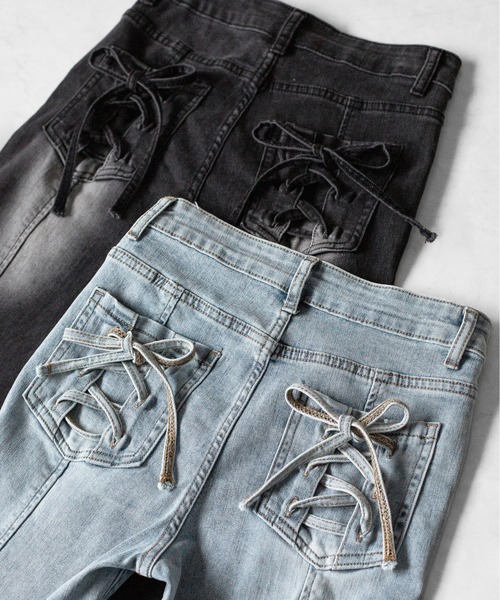 me+em select(ミームセレクト)の「【 2color / 4size 】バックリボンレースアップ美脚ストレッチフレアデニム / back ribbon lace up slim leg stretch flare denim(デニムパンツ・レディース・ブラック/ブルー・SMALL/MEDIUM/LARGE/X-SMALL)」の6枚目の写真