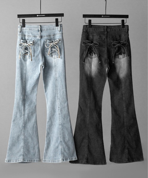 me+em select(ミームセレクト)の「【 2color / 4size 】バックリボンレースアップ美脚ストレッチフレアデニム / back ribbon lace up slim leg stretch flare denim(デニムパンツ・レディース・ブラック/ブルー・SMALL/MEDIUM/LARGE/X-SMALL)」の13枚目の写真