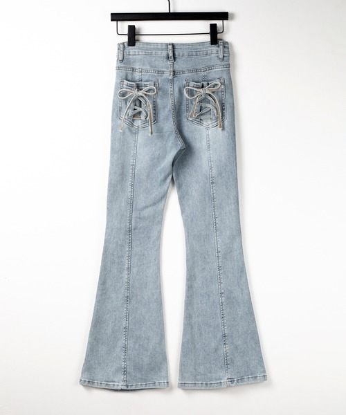 me+em select(ミームセレクト)の「【 2color / 4size 】バックリボンレースアップ美脚ストレッチフレアデニム / back ribbon lace up slim leg stretch flare denim(デニムパンツ・レディース・ブラック/ブルー・SMALL/MEDIUM/LARGE/X-SMALL)」の4枚目の写真