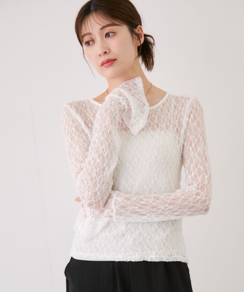 Jayro(ジャイロ)の「ストレッチレース袖フリルプルオーバー(Tシャツ/カットソー・レディース・ブラック/ホワイト/ホワイト系その他2/ブルー系その他4・M)」の2枚目の写真