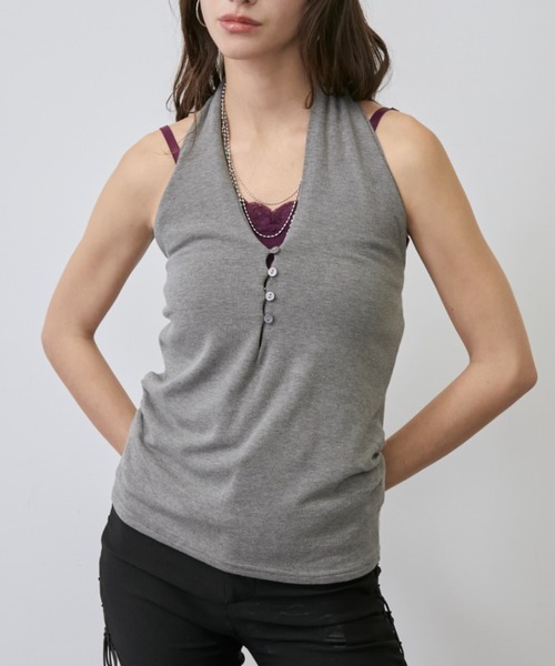 d.i.a. フード付きタンクトップ グレー　平成　ギャル Halter Neck Button Tank Top / ホルターネックボタンタンクトップ