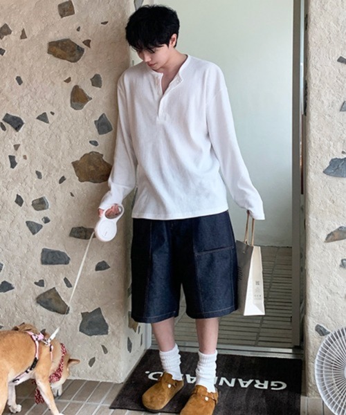 NOWLE(ノウル)の「【NOWLE】ヘンリーネック ワッフル ルーズ ロンT / ライトサーマル カットソー(Tシャツ/カットソー・メンズ・ブラック/ホワイト・LARGE/X-LARGE/MEDIUM)」の6枚目の写真