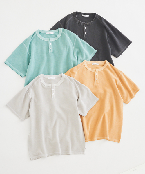 JOURNAL STANDARD relume(ジャーナルスタンダード レリューム)の「製品染め ワッフル調 ピケ ヘンリーネックTシャツ(Tシャツ/カットソー・メンズ・ナチュラル/ライトイエロー/エメラルドブルー/ブラックミックス・MEDIUM/LARGE)」の7枚目の写真
