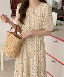 きゅんとする透け感 ドットシフォンワンピース パフスリーブ ワンピース ティアードワンピース シフォン ドット 水彩柄 半袖 ロングワンピース 春服 夏服