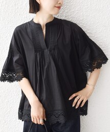 〈手洗い可能〉トリム レース ピンタック スキッパー ブラウス