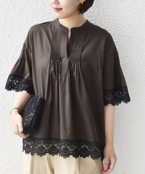 SHIPS(シップス)の「〈手洗い可能〉トリム レース ピンタック スキッパー ブラウス(シャツ/ブラウス・レディース・オフホワイト/ブラウン/ブラック・ONE SIZE)」の8枚目の写真