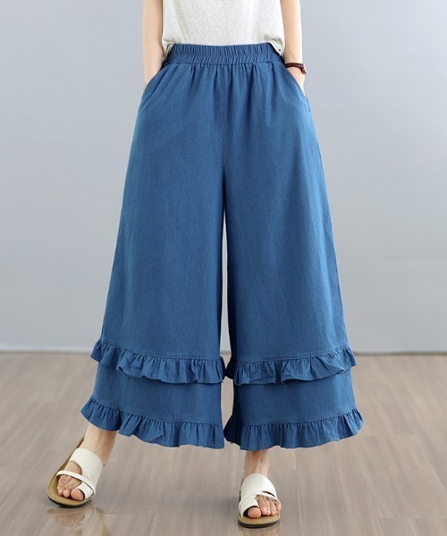 LUCPY(ラクピー)の「フリルデザインワイドパンツ(その他パンツ・レディース・ライトブルー/ネイビー・MEDIUM/X-LARGE/LARGE)」の2枚目の写真