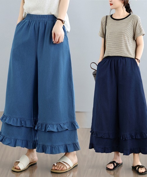 LUCPY(ラクピー)の「フリルデザインワイドパンツ(その他パンツ・レディース・ライトブルー/ネイビー・MEDIUM/X-LARGE/LARGE)」の3枚目の写真