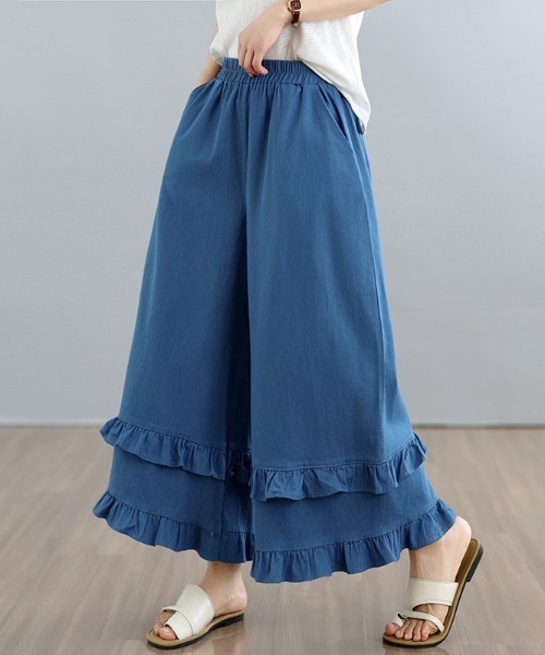 LUCPY(ラクピー)の「フリルデザインワイドパンツ(その他パンツ・レディース・ライトブルー/ネイビー・MEDIUM/X-LARGE/LARGE)」の4枚目の写真