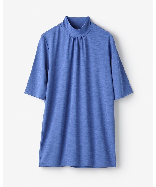 DoCLASSE( ドゥクラッセ)の「UVスラブ・ギャザーハイネックブラウスN/5分袖(Tシャツ/カットソー・レディース・ブラック×イエロー/ブルー系その他/キナリ/コーラル/グリーン系その他/ダークブルー/ミント/ライラック/ベージュ/グレー/ブルー・LL/S/M/L/3L)」の7枚目の写真