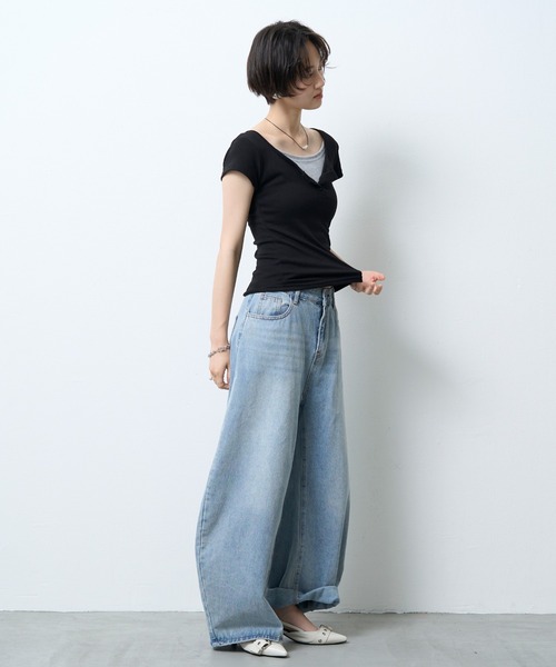 NUJOH(ヌゾ)の「Layered Henley Rib Tee / レイヤードヘンリーネックリブT(Tシャツ/カットソー・レディース・ブルー/ブラック/オリーブ/ミント/グレー・FREE)」の6枚目の写真