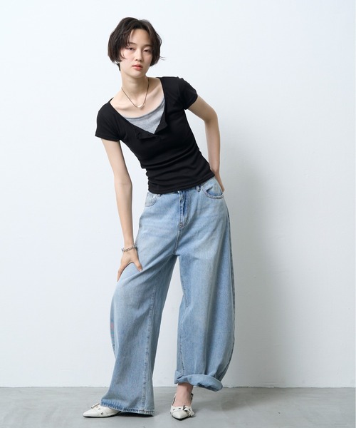 NUJOH(ヌゾ)の「Layered Henley Rib Tee / レイヤードヘンリーネックリブT(Tシャツ/カットソー・レディース・ブルー/ブラック/オリーブ/ミント/グレー・FREE)」の7枚目の写真