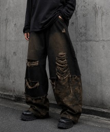 NYLAUS | 【NYS】リメイクデザイン クラッシュダメージ デニムパンツ カーブパンツ バレルレッグパンツ カモフラ(デニムパンツ)