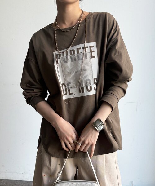 DouDou（ドゥドゥ）の「【WEB限定】オーガンジーロゴロングスリーブTEE（Tシャツ/カットソー・レディース・モカ/チャコールグレー/アイボリー・FREE）」の3枚目の写真
