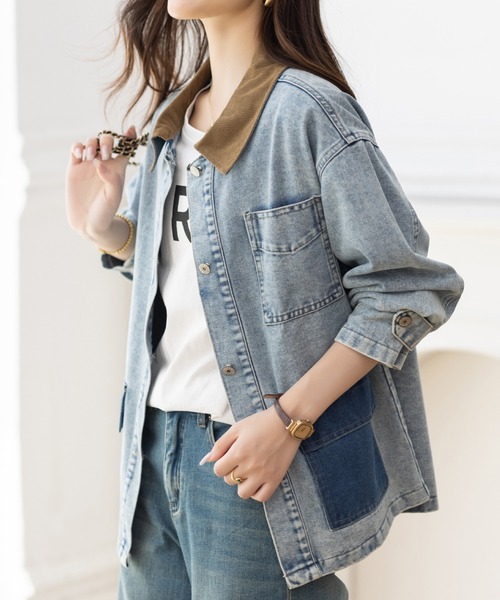 AMAJI(アマジ)の「ポロカラー デニム切替 ジャケット(その他アウター・レディース・ライトブルー・SMALL/MEDIUM/LARGE/X-LARGE)」の2枚目の写真