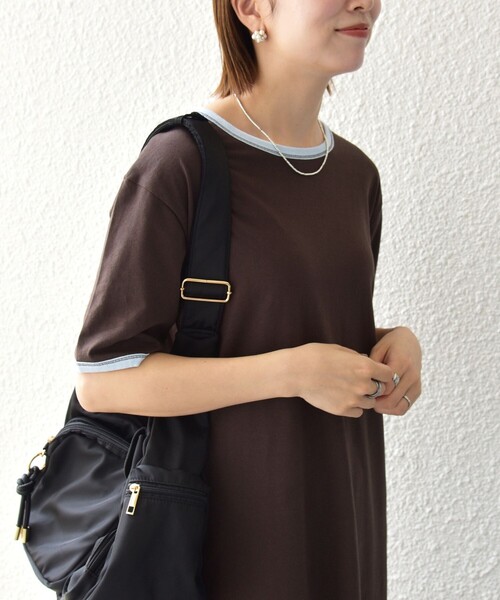 SHIPS any（シップス エニィ）の「SHIPS any:〈洗濯機可能〉バイカラー クルーネック TEE ワンピース（ワンピース・レディース・ブラウン/ダークグレー/ライトグリーン・ONE SIZE）」の4枚目の写真