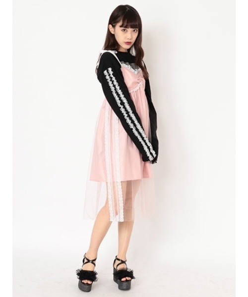 Ank Rouge(アンクルージュ)の「メッセージロゴリボンラインチュールワンピース(ワンピース・レディース・オフホワイト/ピンク/ブラック・M)」の3枚目の写真
