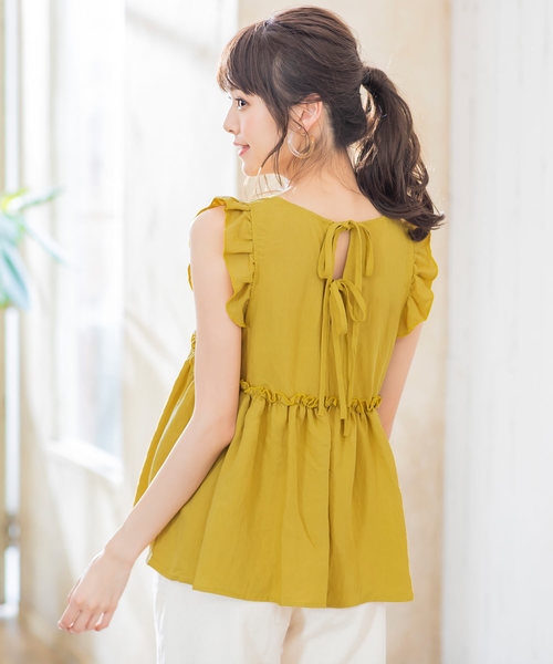 KOBE LETTUCE(コウベレタス)の「バックシャンダブルリボンノースリーブフリルブラウストップス(シャツ/ブラウス・レディース・オフホワイト/イエロー/ブルー/ブラック/オレンジ・FREE)」の4枚目の写真