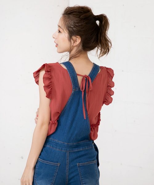 KOBE LETTUCE(コウベレタス)の「バックシャンダブルリボンノースリーブフリルブラウストップス(シャツ/ブラウス・レディース・オフホワイト/イエロー/ブルー/ブラック/オレンジ・FREE)」の5枚目の写真