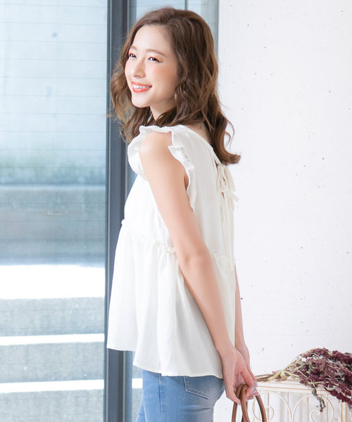 KOBE LETTUCE(コウベレタス)の「バックシャンダブルリボンノースリーブフリルブラウストップス(シャツ/ブラウス・レディース・オフホワイト/イエロー/ブルー/ブラック/オレンジ・FREE)」の6枚目の写真