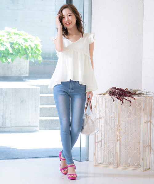 KOBE LETTUCE(コウベレタス)の「バックシャンダブルリボンノースリーブフリルブラウストップス(シャツ/ブラウス・レディース・オフホワイト/イエロー/ブルー/ブラック/オレンジ・FREE)」の7枚目の写真