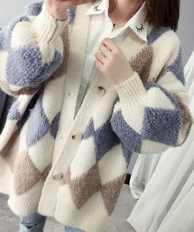 Doula Doula（ドゥーラドゥーラ）の「アーガイル オーバーサイズ ボア ニットカーディガン（カーディガン/ボレロ）」