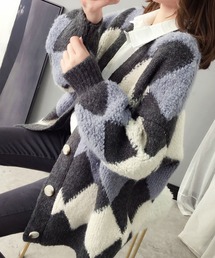 アーガイル オーバーサイズ ボア ニットカーディガン