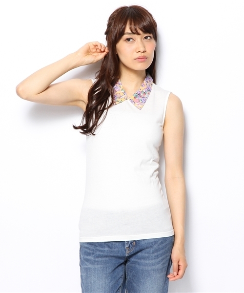 OUTLET(アウトレット)の「【Kastane】シャツ衿ノースリーブプルオーバー(Tシャツ/カットソー・レディース・ホワイト×イエロー/ホワイト×ホワイト/チャコールグレー×ブラック・FREE)」の1枚目の写真