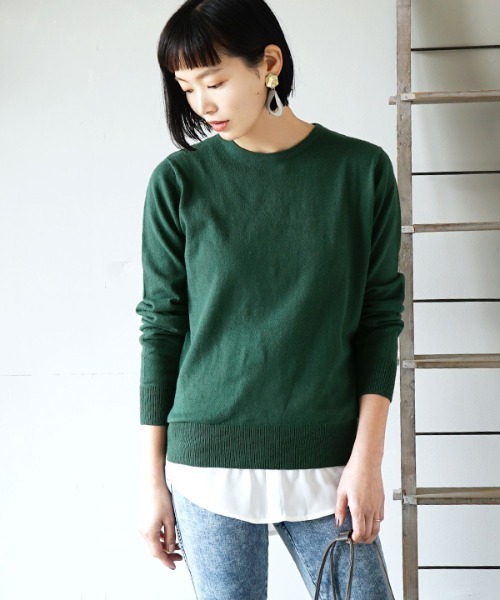 zootie（ズーティー）の「【ロングシーズン楽しめる、人気No.1綿ニット】オーディナリー コットンニット セーター［クルーネック］（ニット/セーター・レディース・ネイビー/ホワイト×ブラック/レンガ/ブラック/ブルー/キャメル/サンドベージュ/杢グレー/チャコール/グリーン/ダークブラウン/マスタード/オフホワイト/パープル/ピンク/ミント/ブルー系その他/ピンク系その他/ベージュ/イエロー/オレンジ系その他/ブルーグリーン/パープル系その他/オレンジ系その他2/ブルー系その他2/イエロー系その他/グレイッシュブルー/モスグリーン/ライトピンク/ライトグリーン/バーガンディー/ベージュ系その他/チェリーピンク/ライム/シアン/ライトブラウン/グリーン系その他/レッド系/アッシュブラウン・3L/L/LL/M）」の13枚目の写真