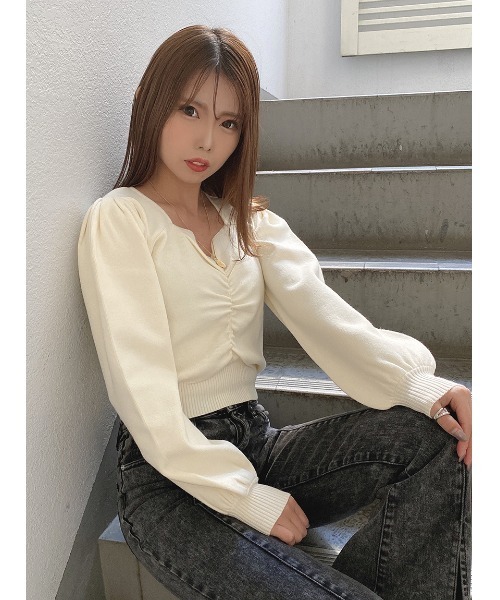 one way（ワンウェイ）の「フロントドロストニット（ニット/セーター・レディース・ブラック/ホワイト/ライトブルー/ライトイエロー・FREE）」の2枚目の写真