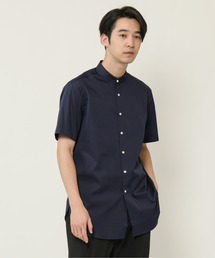 バンドカラーショートスリーブ　サテンストレッチ　ロングテイルシャツ