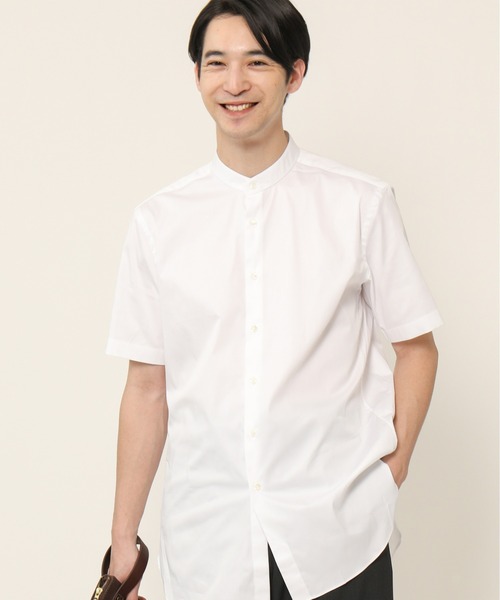 KASHIYAMA(カシヤマ)の「バンドカラーショートスリーブ サテンストレッチ ロングテイルシャツ(シャツ/ブラウス・メンズ・ネイビー/ブルー/ホワイト・マルチサイズ)」の2枚目の写真