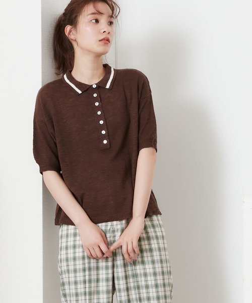 POU DOU DOU(プードゥドゥ)の「スラブヤーンポロ襟ニット(ニット/セーター・レディース・ブラウン/ライトグリーン/アイボリー・3)」の6枚目の写真