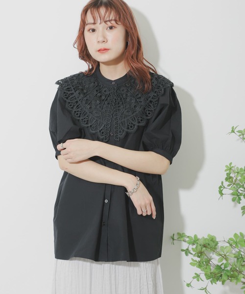 SENSE OF PLACE by URBAN RESEARCH（センスオブプレイスバイアーバンリサーチ）の「【WEB/一部店舗限定】レースカラーボリュームスリーブチュニック（Tシャツ/カットソー・レディース・ブラック/オフホワイト・ONE）」の3枚目の写真