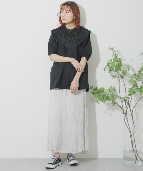 SENSE OF PLACE by URBAN RESEARCH（センスオブプレイスバイアーバンリサーチ）の「【WEB/一部店舗限定】レースカラーボリュームスリーブチュニック（Tシャツ/カットソー・レディース・ブラック/オフホワイト・ONE）」の16枚目の写真