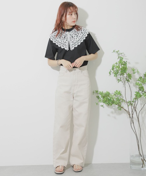 SENSE OF PLACE by URBAN RESEARCH（センスオブプレイスバイアーバンリサーチ）の「【WEB/一部店舗限定】レースカラーボリュームスリーブチュニック（Tシャツ/カットソー・レディース・ブラック/オフホワイト・ONE）」の4枚目の写真
