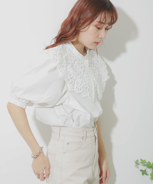 SENSE OF PLACE by URBAN RESEARCH（センスオブプレイスバイアーバンリサーチ）の「【WEB/一部店舗限定】レースカラーボリュームスリーブチュニック（Tシャツ/カットソー・レディース・ブラック/オフホワイト・ONE）」の5枚目の写真