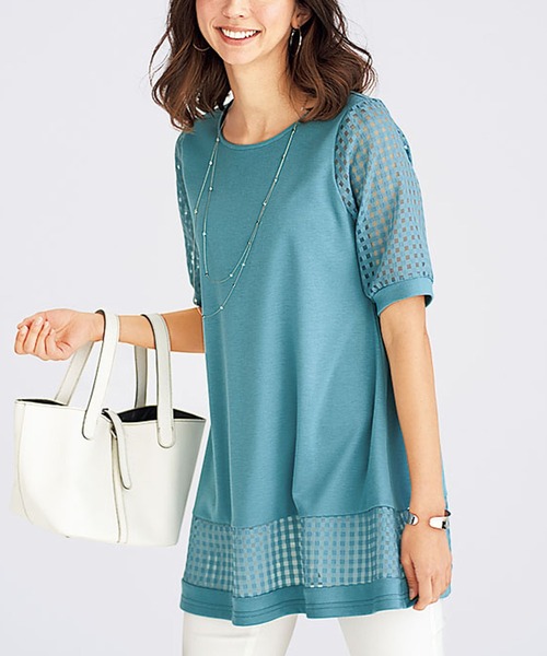 BELLUNA PLUS(ベルーナ)の「ヒンヤリ冷感シアーチェック切替チュニック(チュニック・レディース・ブラック/ネイビー/エメラルド/グレー系その他・MEDIUM/LARGE/X-LARGE)」の3枚目の写真