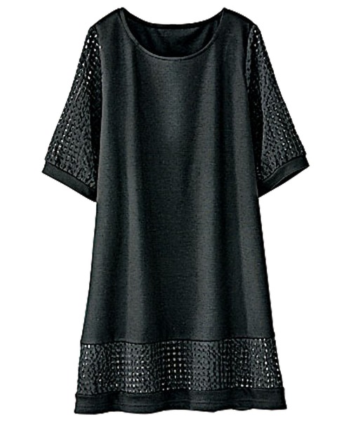 BELLUNA PLUS(ベルーナ)の「ヒンヤリ冷感シアーチェック切替チュニック(チュニック・レディース・ブラック/ネイビー/エメラルド/グレー系その他・MEDIUM/LARGE/X-LARGE)」の1枚目の写真