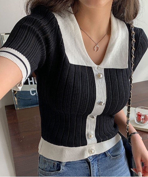 merongshop（メロンショップ）の「MERONGSHOP ボタンリブニットトップス（Tシャツ/カットソー・レディース・ホワイト/ブラック・FREE）」の8枚目の写真