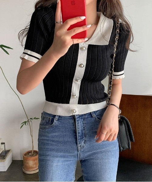 merongshop（メロンショップ）の「MERONGSHOP ボタンリブニットトップス（Tシャツ/カットソー・レディース・ホワイト/ブラック・FREE）」の10枚目の写真