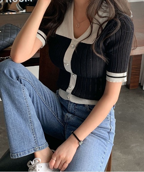 merongshop（メロンショップ）の「MERONGSHOP ボタンリブニットトップス（Tシャツ/カットソー・レディース・ホワイト/ブラック・FREE）」の3枚目の写真