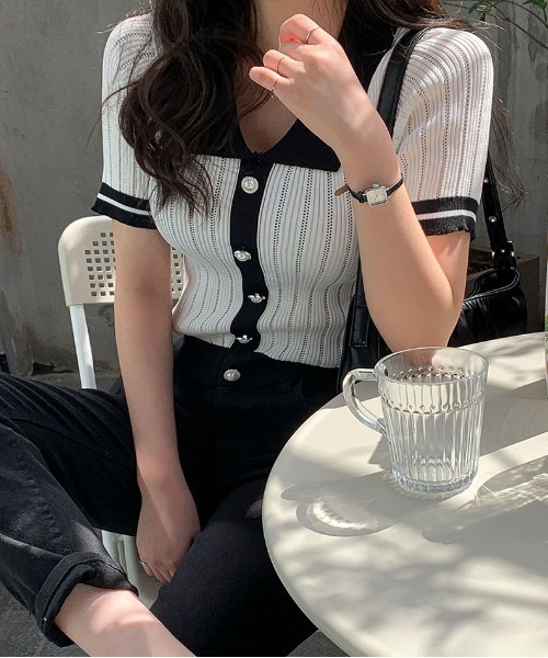 merongshop（メロンショップ）の「MERONGSHOP ボタンリブニットトップス（Tシャツ/カットソー・レディース・ホワイト/ブラック・FREE）」の9枚目の写真