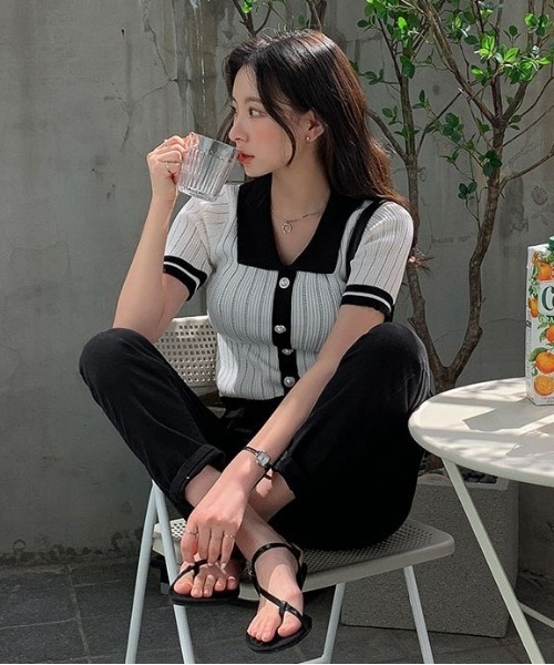 merongshop（メロンショップ）の「MERONGSHOP ボタンリブニットトップス（Tシャツ/カットソー・レディース・ホワイト/ブラック・FREE）」の6枚目の写真